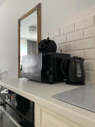 a microwave sitting on top of a counter in a kitchen at LUX Apartament in Suwałki