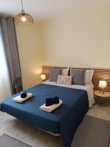 a bedroom with a blue bed with towels on it at Casa D'avó in Sabrosa
