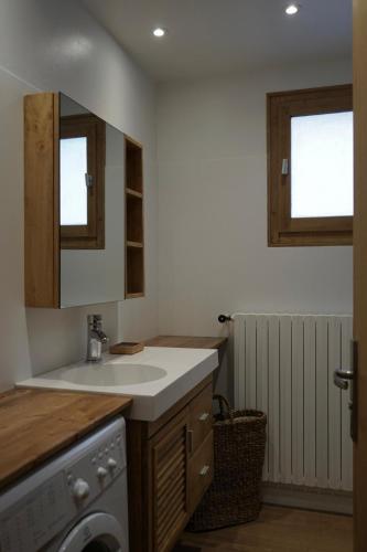 een keuken met een gootsteen en een wasmachine bij Muguets 4 in La Clusaz