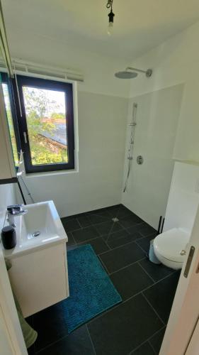 a bathroom with a sink and a toilet and a window at Seeblick, ganze Wohnung in Königs Wusterhausen