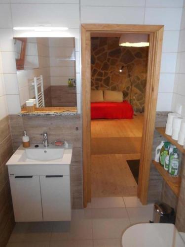 a bathroom with a sink and a room with a bed at Na Váze in Jindřichŭv Hradec