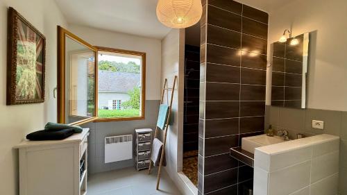 a bathroom with a sink and a mirror at Un instant près du feu in Ponsonnas