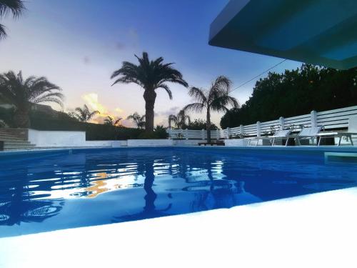 a swimming pool with a palm tree in the background at Villa Girolama in Tonnara di Bonagia