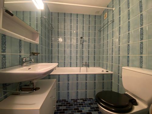 a bathroom with a sink and a toilet and a tub at 2 bedroom apartment close to ski lifts and amenities in Gryon