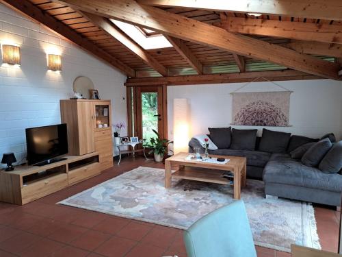 ein Wohnzimmer mit Sofa und Fernseher in der Unterkunft Ferienwohnung, ruhig im Grünen in Osterrönfeld