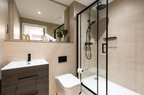 a bathroom with a shower and a toilet and a sink at Rock Mill 1 Bed Apartment 19 in Stoney Middleton