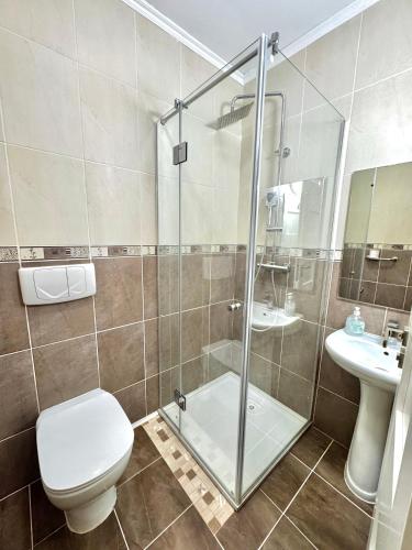 a bathroom with a shower and a toilet and a sink at Pensiunea Elis in Pescari