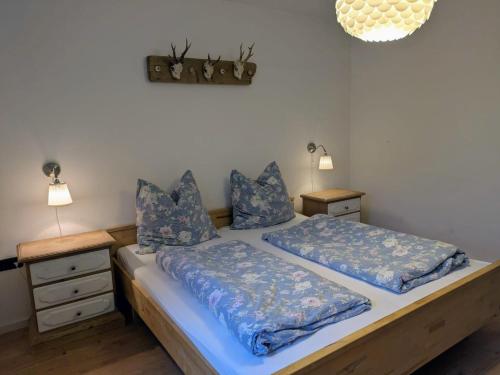 a bedroom with two beds with blue pillows at Ferienwohnung Ramona - idyllisch und charmant in Kirchdorf im Wald