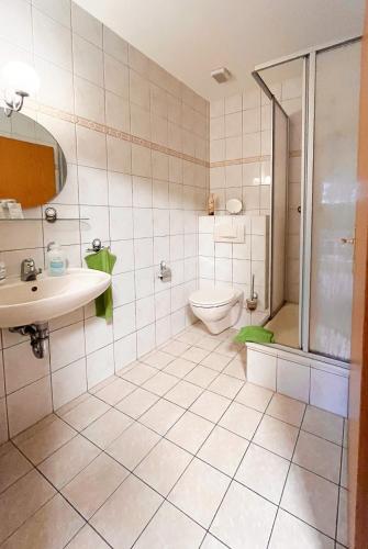 a bathroom with a toilet and a sink and a shower at Pension Finkenschenke in Gröditz