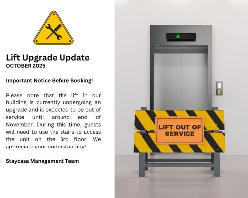 a lift upgrade update sign in front of a elevator at Bright & Central Apt - With Great Transport Links in Stockport