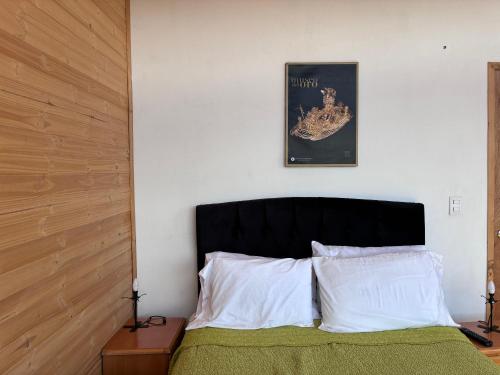 グアタビータにあるLakeview Apartment in the Heart of Guatavitaのベッドルーム1室(黒いヘッドボード付きのベッド1台付)