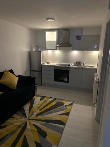 ローチェスターにあるCozy Lodgeのソファとキッチンのあるリビングルーム