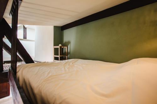 a bedroom with a bed and a green wall at Le Criquet - Hypercentre - Filet de détente in Caen