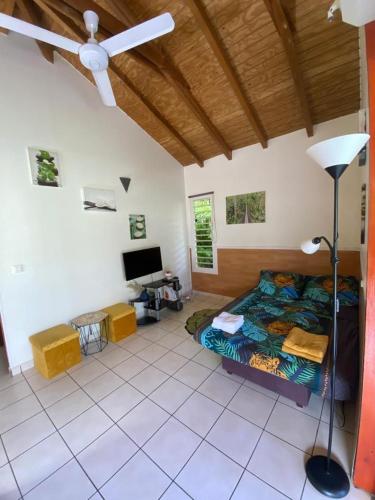 a bedroom with a bed and a ceiling fan at Bungalow Ludivine in Sainte-Anne