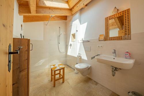 a bathroom with a sink and a toilet at Schoberhof in Samerberg