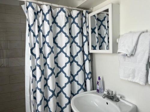 a bathroom with a sink and a shower curtain at Gulf Front Cottages in Englewood