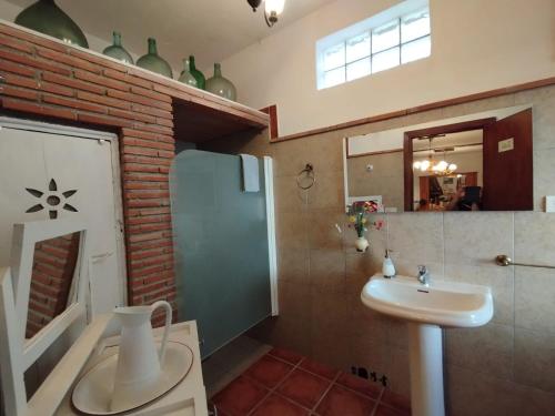 a bathroom with a sink and a shower and a mirror at Loma Negra in Dúrcal
