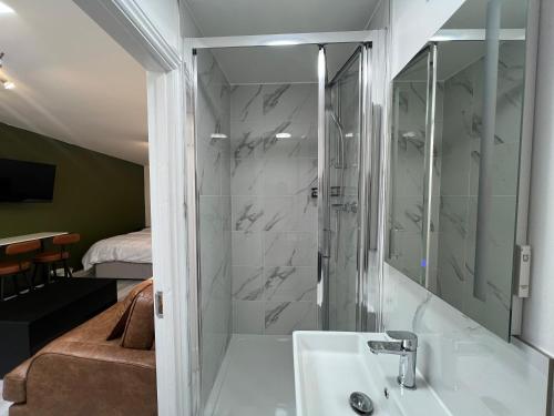 a bathroom with a shower and a sink at Little studio flat in Southgate