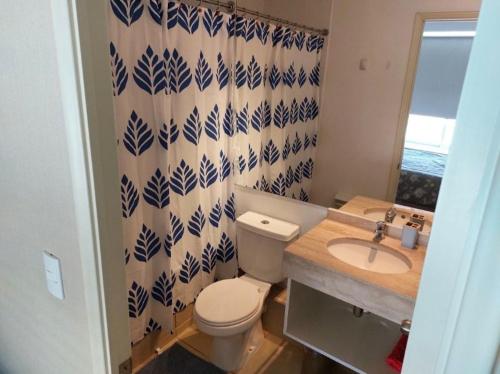 a bathroom with a toilet and a sink and a shower curtain at Departamento en Condominio Laguna Bahía Algarrobo in Algarrobo