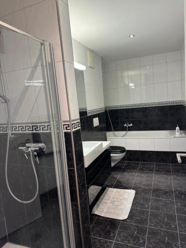 a bathroom with a shower and a tub and a toilet at City Apartment in Opfikon
