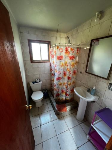 a bathroom with a toilet and a sink and a shower curtain at Cabañas Pisco Elqui in Pisco Elqui