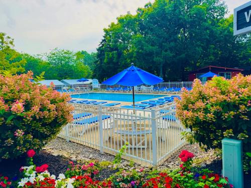 a pool with a blue umbrella and chairs and flowers at Put-in-Bay Island Club #4 in Put-in-Bay