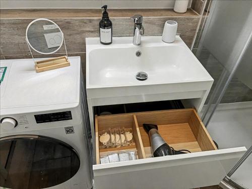 a bathroom with a sink next to a washing machine at KEEP Apartment G1 nahe Messe/Flughafen in Leinfelden-Echterdingen