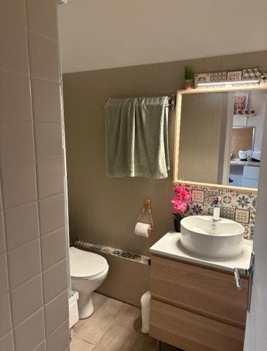 a bathroom with a sink and a toilet and a mirror at cosystudio Superdevoluy 5pers pied des pistes in Le Dévoluy