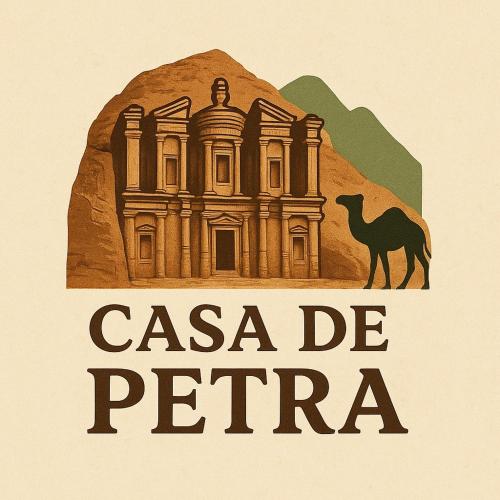un cartello con l'immagine di un edificio e di un cammello di Casa de petra a Wadi Musa
