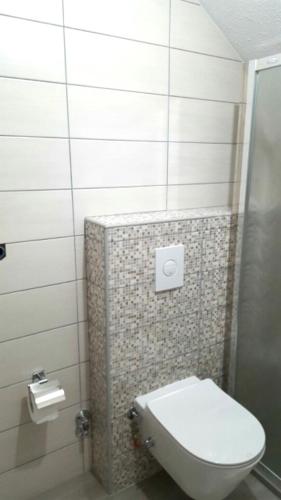 a bathroom with a toilet and a tiled wall at Zem Zem kuća za odmor in Otoka