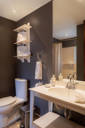 a bathroom with a sink and a toilet and a mirror at Flor de Mayo Hotel & Restaurant in Cuernavaca