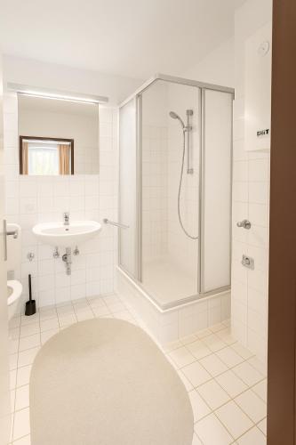 a white bathroom with a shower and a sink at Beenie MG in Linz