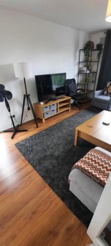 a living room with a flat screen tv and a table at Palace flat in London