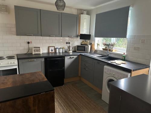 a kitchen with gray cabinets and a stove top oven at Contractor friendly-2 bd-Private Parking-Sleeps 3 in Llandeilo