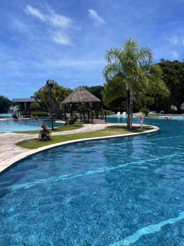 einen großen Pool mit einer Palme und einem Pavillon in der Unterkunft Apartamento no resort in Barra de São Miguel