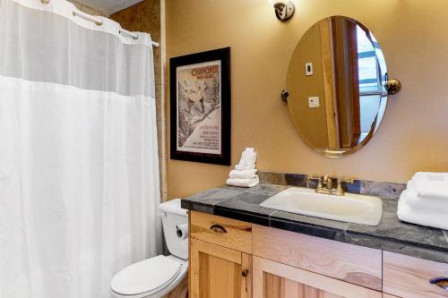 a bathroom with a toilet and a sink and a mirror at Glacier Lodge 106 in Big White