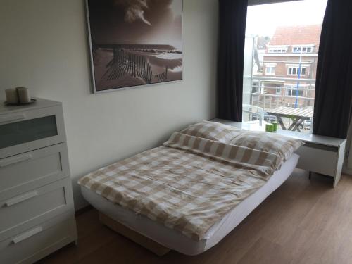 une petite chambre avec un lit et une fenêtre dans l'établissement Résidence Sparrow, à Coxyde