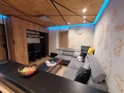 a living room with a couch and a table at Rose in Bielawa