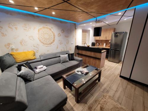 a living room with a couch and a kitchen at Rose in Bielawa