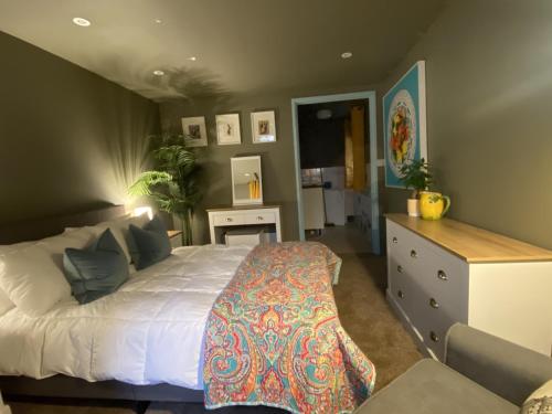 een slaapkamer met een bed, een ladekast en een spiegel bij Paddons Lodge in Tavistock