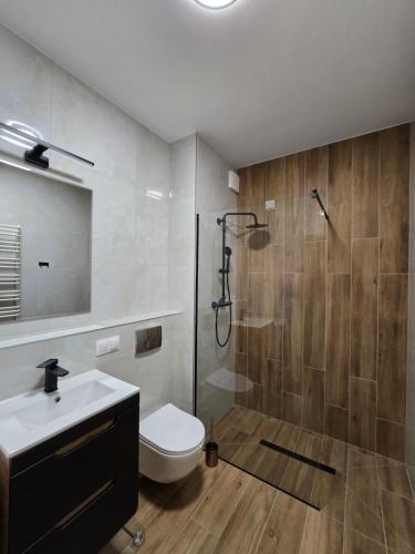 Un baño con ducha, inodoro y lavabo. en Apartament Odrzańskie Tarasy, Klimatyzacja, PW INVEST HOME, en Krapkowice