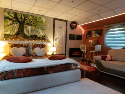 a bedroom with a large bed and a living room at Péniche Morgane 2 chambre d'hôtes in Cambrai
