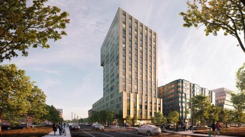 a rendering of a tall building on a city street at The Atlas Hotel in Boston