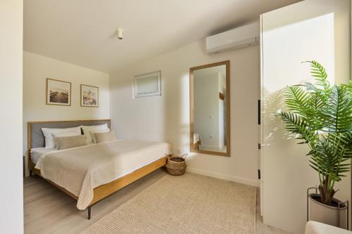 une chambre avec un lit et une plante en pot dans l'établissement Relax Balaton, à Balatonőszöd