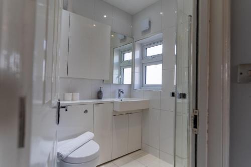 a bathroom with a toilet and a sink and a shower at Stunning 4 bed-house in Oxford sleeps 8 in Oxford