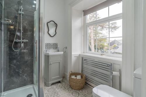 Un baño con ducha, inodoro y ventana. en Rheithordy, en Trawsfynydd
