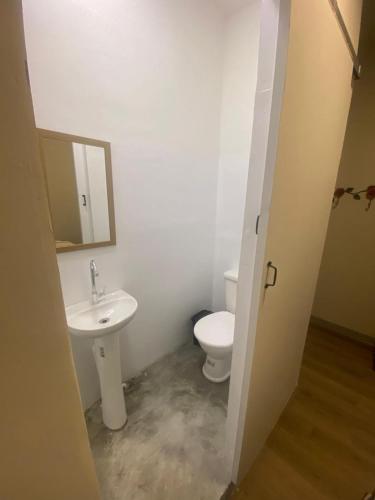 a bathroom with a white toilet and a sink at Hostel Mineirinho in Belo Horizonte