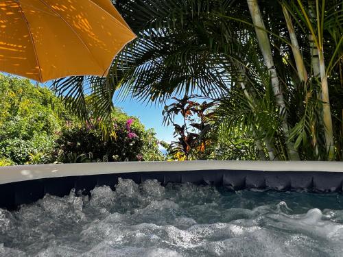 a swimming pool with an umbrella and a fountain at PAVILLON TI GEMME LE DIAMANT in Le Diamant