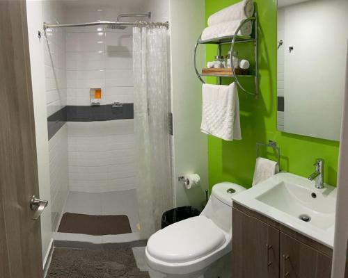 a bathroom with a shower and a toilet and a sink at Amplio, equipado con vistas a jardín en el corazón CDMX in Mexico City