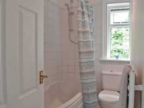 Un baño con inodoro y cortina de ducha. en Chine Bluff, en Shanklin